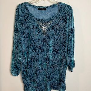B.L.E.U. Teal Peacock Print Dolman Sleeve Top Embellished Boho Tunic Blouse Sz M